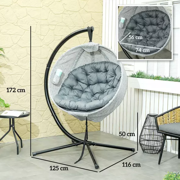 Outsunny Hanging Egg Chair Outdoor Indoor Garden Swing Chair with Folding Basket, Thickened Cushion, Cup Holder for Patio, Balcony, Grey - 3