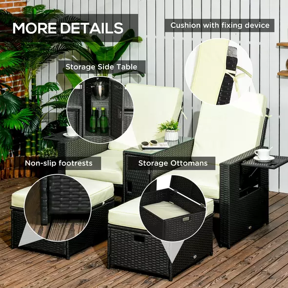 Outsunny 5PC PE Rattan Sun Lounger, Outdoor Wicker 5-level Adjustable Recliner Sofa Bed with Storage Side Table and Footstools, for Patio, Garden, Poolside, Black - 7
