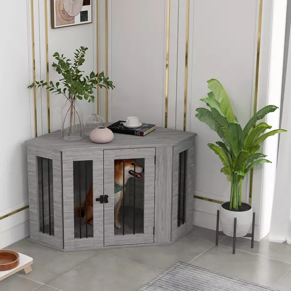 PawHut 2 in 1 Dog Crate Furniture Side Table, with Cushion, 104 x 55 x 63cm - Grey - 2