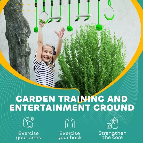 AIYAPLAY 7-Piece Kids Zip Line Kit for Garden, 10m Kids Slackline Kit with Wooden Monkey Bars, Metal Rings, Gripping Balls, Green - 6