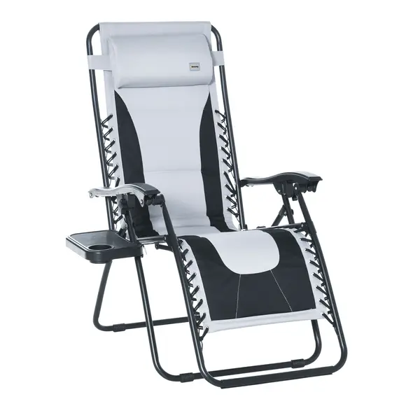 Outsunny Zero Gravity Lounger Chair, Folding Reclining Patio Chair with Padded Seat, Cup Holder, Soft Cushion and Headrest for Poolside, Camping, Light Grey - 1