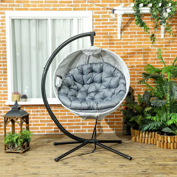 Outsunny Hanging Egg Chair Outdoor Indoor Garden Swing Chair with Folding Basket, Thickened Cushion, Cup Holder for Patio, Balcony, Grey - 8