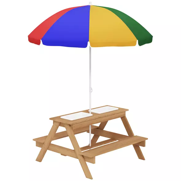 AIYAPLAY Kids Picnic Table, Sand and Water Table with Wooden Benches, Adjustable Parasol and Storage Bins, Multicolour - 1