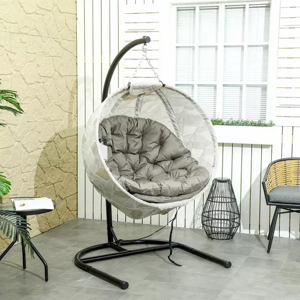 Outsunny Hanging Egg Chair Outdoor Indoor Garden Swing Chair with Folding Basket, Garden Hanging Chair with Stand, Thickened Cushion, Cup Holder for Patio, Balcony, Sand Brown - 2
