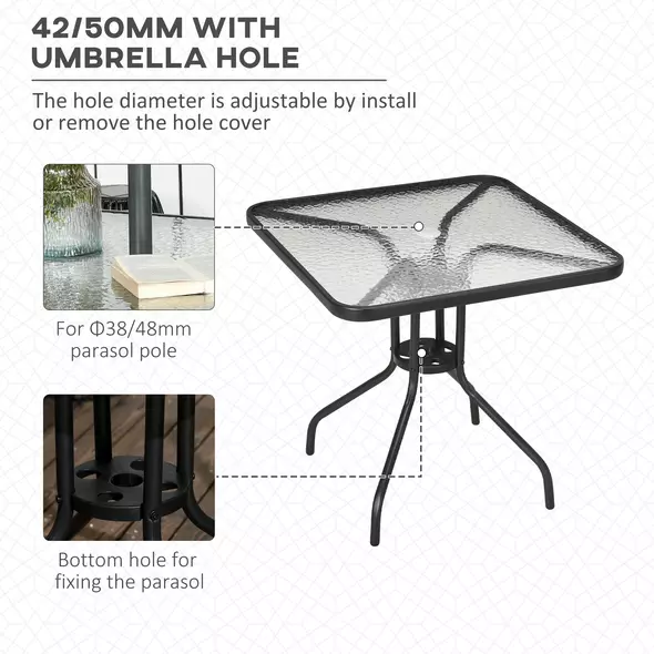 Outsunny Square Garden Dining Table with Tempered Glass Top & Umbrella Hole, 76 x 76 cm - 4