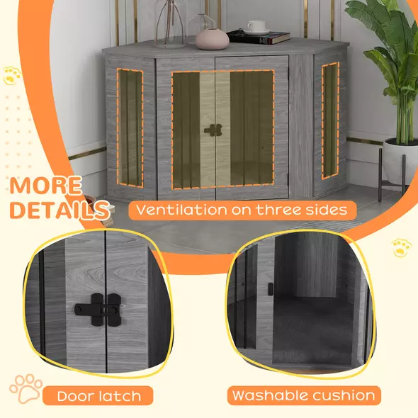 PawHut 2 in 1 Dog Crate Furniture Side Table, with Cushion, 104 x 55 x 63cm - Grey - 6