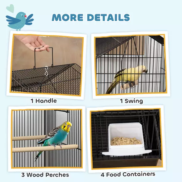 PawHut Metal Bird Cage with Plastic Swing, Perch, Food Container, Tray, Handle, for Finches, Canaries, 43 x 32.5 x 104cm - 4