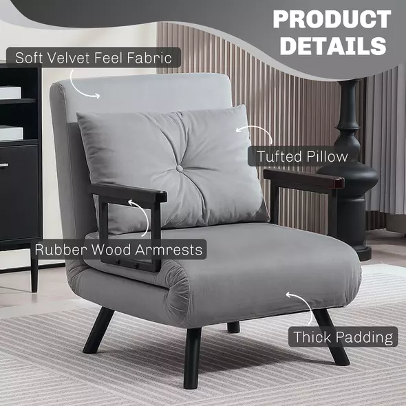 HOMCOM 4-in-1 Velvet-Feel Single Chair Bed, with Pillow - Light Grey - 6