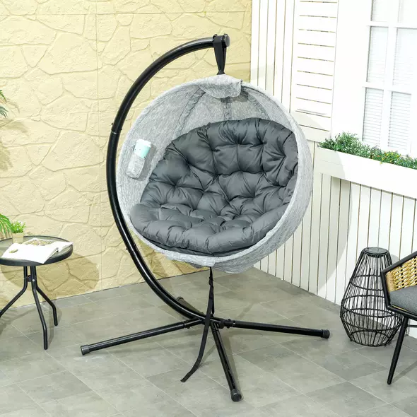 Outsunny Hanging Egg Chair Outdoor Indoor Garden Swing Chair with Folding Basket, Thickened Cushion, Cup Holder for Patio, Balcony, Grey - 2