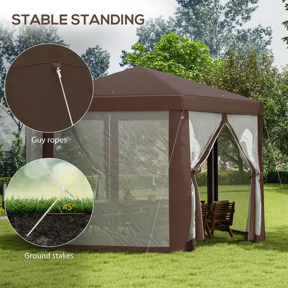 Outsunny Hexagonal Garden Gazebo Patio Party Outdoor Canopy Tent Sun Shelter with Mosquito Netting and Zipped Door, Brown - 6