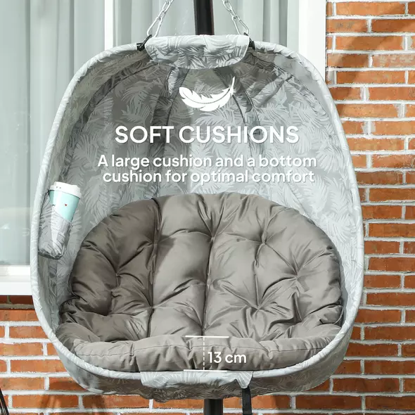 Outsunny Hanging Egg Chair Outdoor Indoor Garden Swing Chair with Folding Basket, Garden Hanging Chair with Stand, Thickened Cushion, Cup Holder for Patio, Balcony, Sand Brown - 4