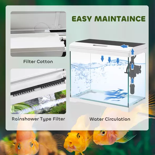 PawHut 27L Glass Fish Tank with Filter System, LED Light, Water Pump, for Betta, Goldfish, Shrimps, White - 4