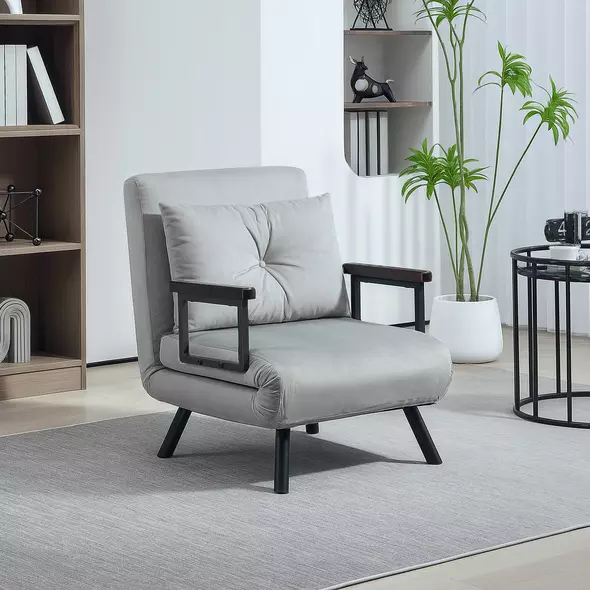 HOMCOM 4-in-1 Velvet-Feel Single Chair Bed, with Pillow - Light Grey - 2