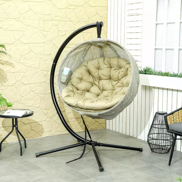 Outsunny Hanging Egg Chair Outdoor Indoor Garden Swing Chair with Folding Basket, Thickened Cushion, Cup Holder for Patio, Balcony, Khaki - 2