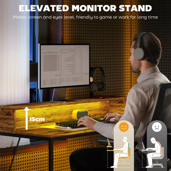 HOMCOM 120cm Computer Desk with LED Lights and Power Outlets, Gaming Desk with Monitor Stand, Computer Table with Remote for Home Office Study, Rustic Brown - 6