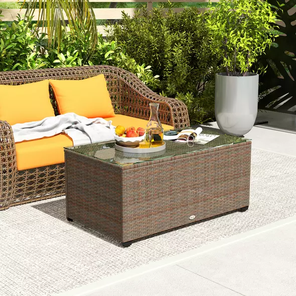 Outsunny 90 x 50cm Glass-Top Rattan Side Table - Brown - 2
