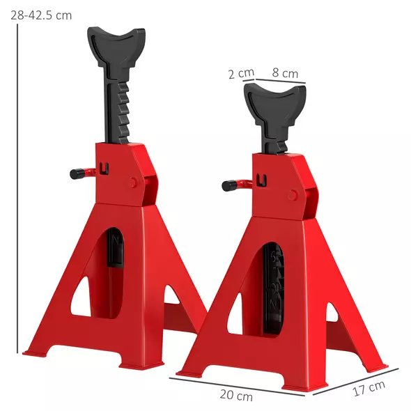 HOMCOM Axle Stands 2 Ton Car Jack Stands Pack of 2, 28-42.5 cm Height Adjustable Support Jack Stand, Heavy Duty Car Lift Tool for Vehicles, Caravans, Workshops, Garages, Red - 3