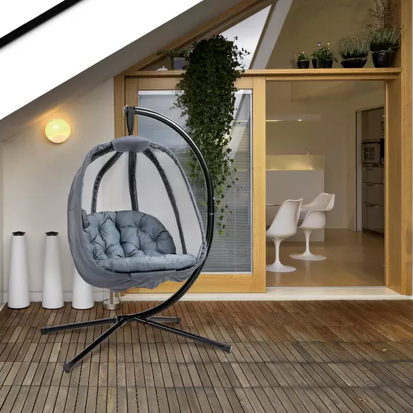 Outsunny Hanging Egg Chair, Folding Texteline Swing Hammock with Side Pocket, Cushion and Stand for Indoor Outdoor, Patio Garden Furniture, Grey - 2
