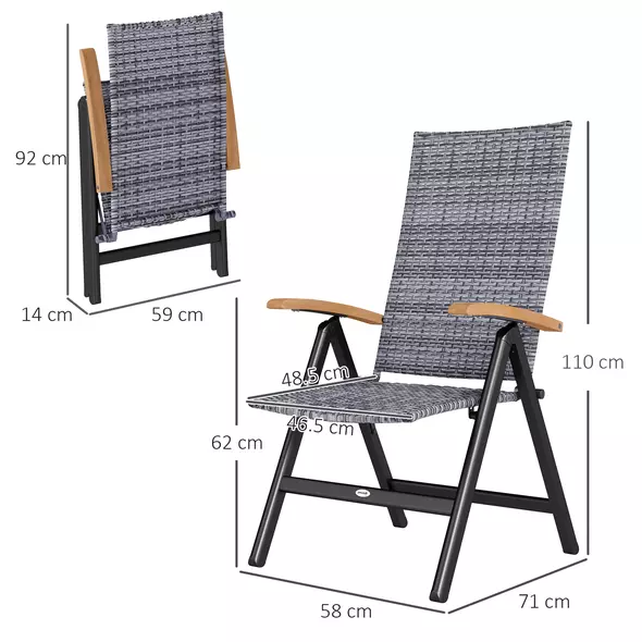 Outsunny 2 Pieces Folding Rattan Garden Dining Chairs with 5-level Reclining High Back, Wood Armrests for Outdoor - Light Grey - 3