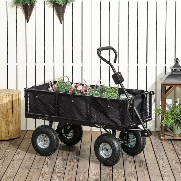Outsunny 114L Steel Frame Garden Cart Trolley - Black - 2