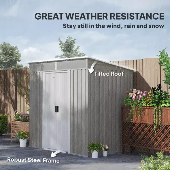 Outsunny 6.5 x 4FT Galvanised Metal Shed with Foundation Kit, Lockable Tool Garden Shed with Double Sliding Doors, Vents, Light Grey Wood Effect - 6