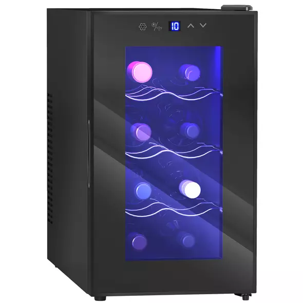 HOMCOM Mini Table Top Wine Fridge, 8 Bottle, 17L, 8-18℃, 26.5cm Quiet Under Counter Wine Cooler Fridge with Glass Door, LED Light, Digital Touch Screen, Temperature Control - 1