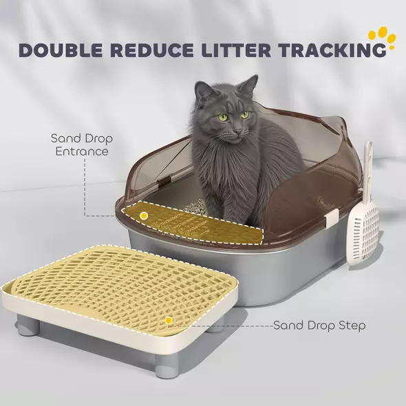 PawHut Stainless Steel Litter Box with Lid, High Wall Sided Enclosure, Pedal, Scoop, Non-Sticky, Anti-Leakage, Easy Cleaning - 6