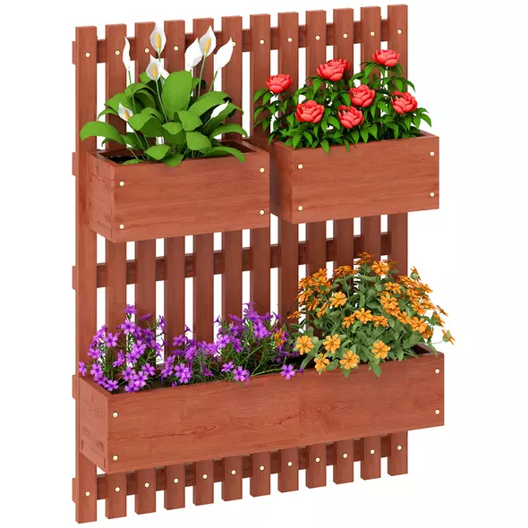 Outsunny Wall-mounted Wooden Garden Planters with Trellis, Drainage Holes and 3 Planter Boxes for Patio, Brown - 1