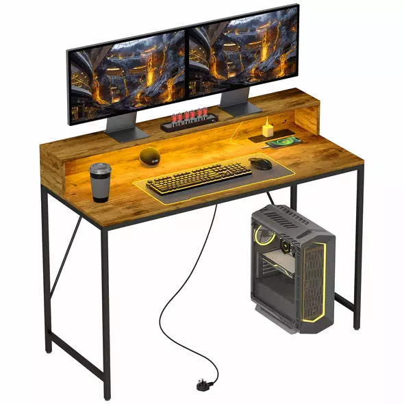 HOMCOM 120cm Computer Desk with LED Lights and Power Outlets, Gaming Desk with Monitor Stand, Computer Table with Remote for Home Office Study, Rustic Brown - 1