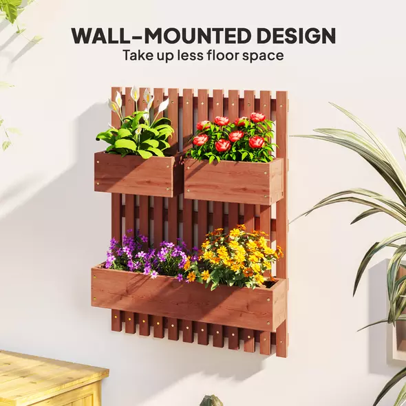 Outsunny Wall-mounted Wooden Garden Planters with Trellis, Drainage Holes and 3 Planter Boxes for Patio, Brown - 4
