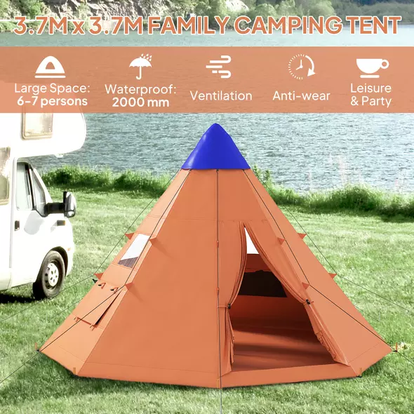 Outsunny 6 Men Tipi Tent with Carry Bag - Orange - 4