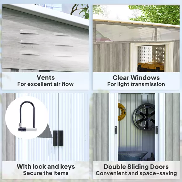 Outsunny 6.5 x 4FT Galvanised Metal Shed with Foundation Kit, Lockable Tool Garden Shed with Double Sliding Doors, Vents, Light Grey Wood Effect - 7