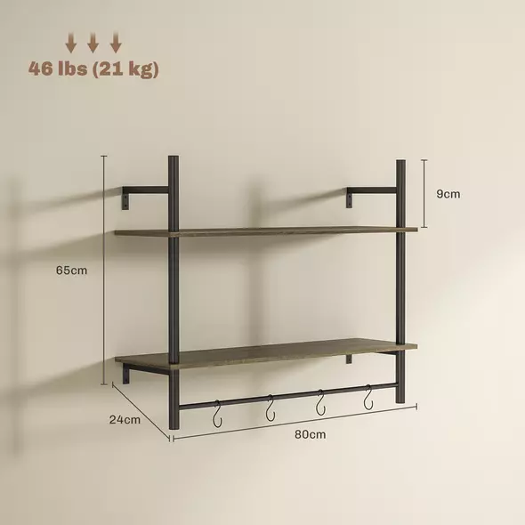 HOMCOM Wall Mounted Floating Shelves with 4 Hooks, Rustic Wall Shelf Unit for Living Room, Entryway, Grey - 3