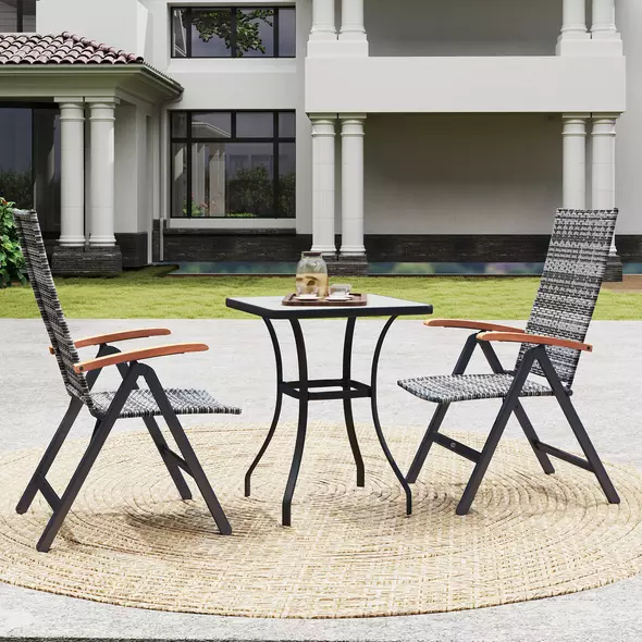 Outsunny 2 Pieces Folding Rattan Garden Dining Chairs with 5-level Reclining High Back, Wood Armrests for Outdoor - Light Grey - 8