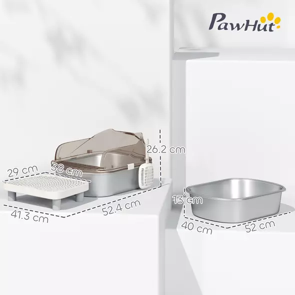 PawHut Stainless Steel Litter Box with Lid, High Wall Sided Enclosure, Pedal, Scoop, Non-Sticky, Anti-Leakage, Easy Cleaning - 3