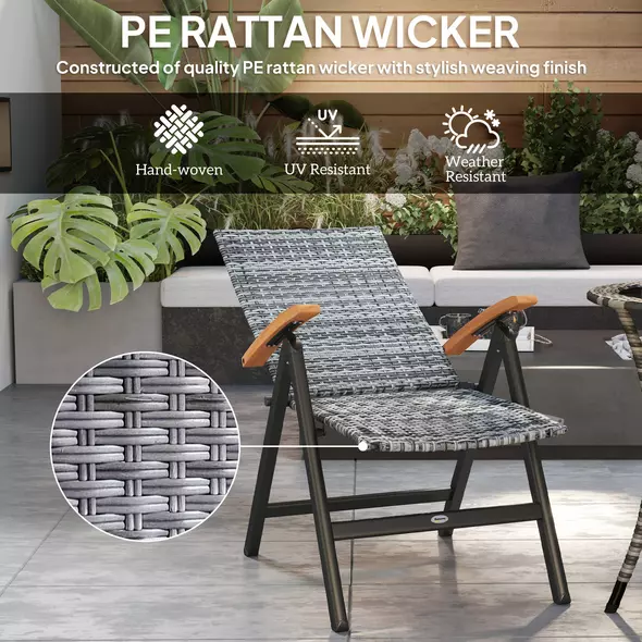 Outsunny 2 Pieces Folding Rattan Garden Dining Chairs with 5-level Reclining High Back, Wood Armrests for Outdoor - Light Grey - 5