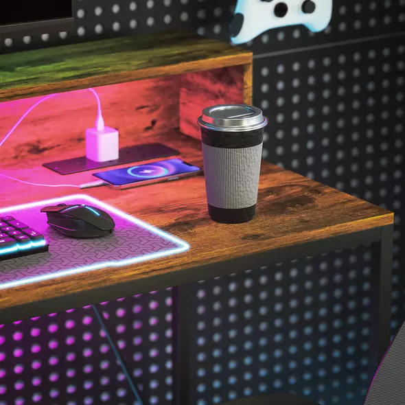 HOMCOM 120cm Computer Desk with LED Lights and Power Outlets, Gaming Desk with Monitor Stand, Computer Table with Remote for Home Office Study, Rustic Brown - 9