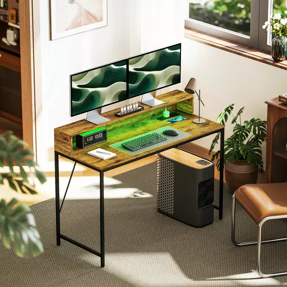 HOMCOM 120cm Computer Desk with LED Lights and Power Outlets, Gaming Desk with Monitor Stand, Computer Table with Remote for Home Office Study, Rustic Brown - 2