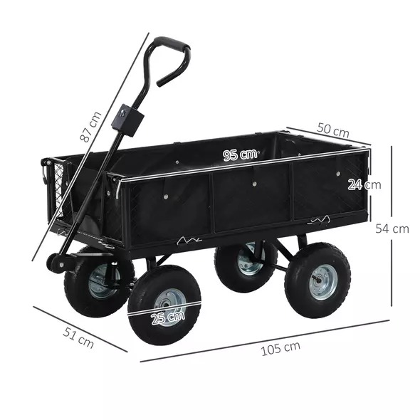 Outsunny 114L Steel Frame Garden Cart Trolley - Black - 3
