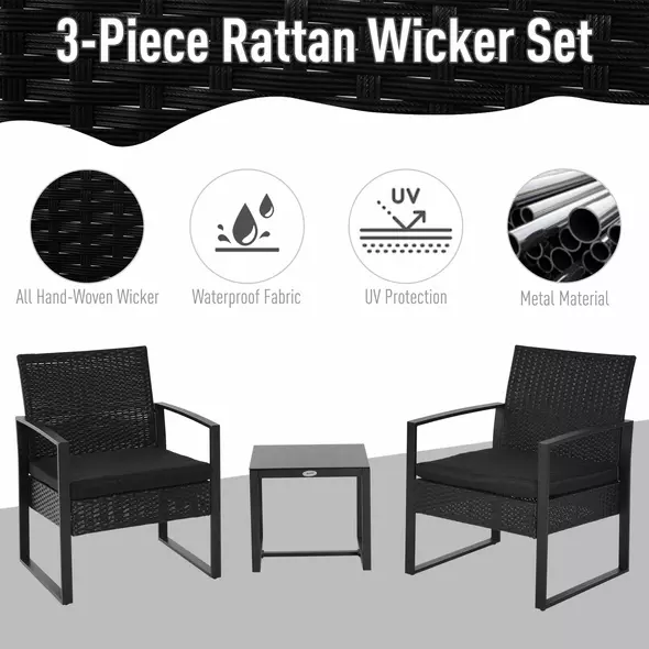 Outsunny 2 Seater Rattan Coffee Set-Black - 3