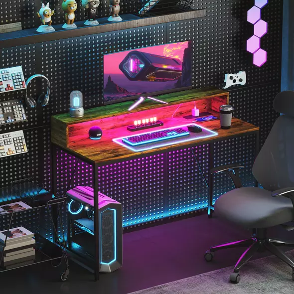 HOMCOM 120cm Computer Desk with LED Lights and Power Outlets, Gaming Desk with Monitor Stand, Computer Table with Remote for Home Office Study, Rustic Brown - 8