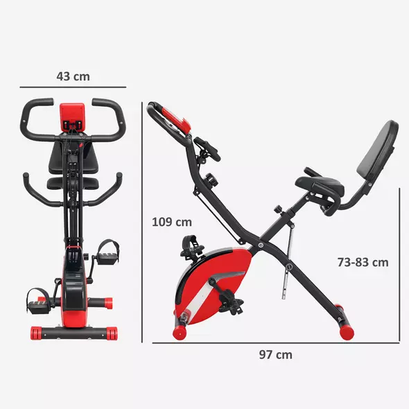 SPORTNOW Five-in-one Foldable Exercise Bike, Stationary Bike with Arm Workout Bands, LDC Monitor, Phone Holder, Red - 3