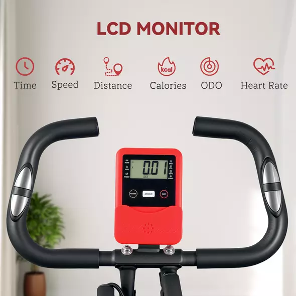 SPORTNOW Five-in-one Foldable Exercise Bike, Stationary Bike with Arm Workout Bands, LDC Monitor, Phone Holder, Red - 9