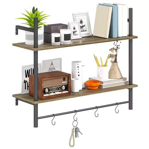 HOMCOM Wall Mounted Floating Shelves with 4 Hooks, Rustic Wall Shelf Unit for Living Room, Entryway, Grey - 1