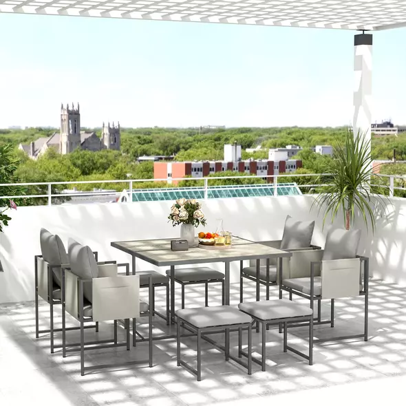 Outsunny Nine-Piece Steel Frame Garden Dining Set - Grey - 2