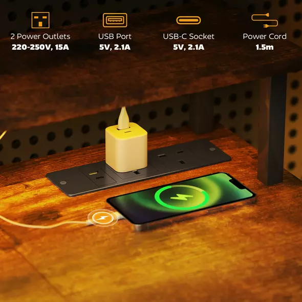 HOMCOM LED Computer Desk, with Power Outlets and Shelves - Rustic Brown - 4