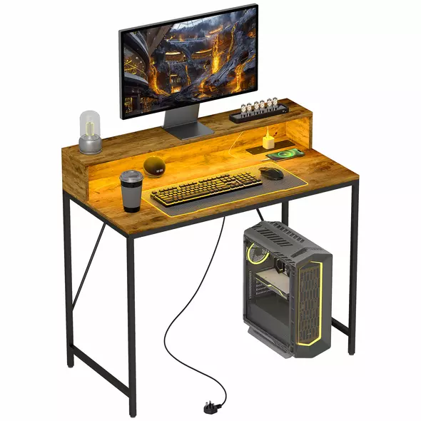 HOMCOM 100cm Computer Desk with LED Lights and Power Outlets, Gaming Desk with Monitor Stand, Computer Table with Remote for Home Office Study, Rustic Brown - 1