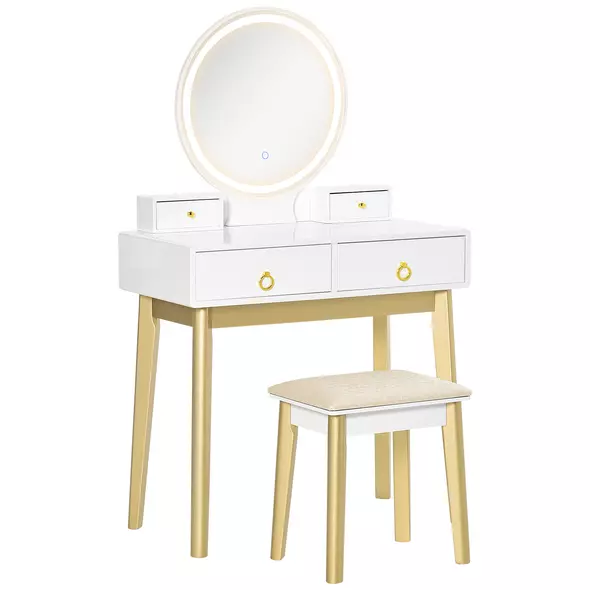 HOMCOM Dressing Table Set with Mirror, Built-in 3 Color LED Light, Vanity Makeup Table with 4 Drawers and Cushioned Stool for Bedroom, White - 1