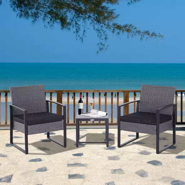 Outsunny 2 Seater Rattan Patio Set W/ Cushions-Grey/Black - 2
