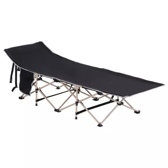 Outsunny Single Person Camping Bed Folding Cot Outdoor Patio Portable Military Sleeping Bed Travel Guest Leisure Fishing with Side Pocket and Carry Bag - Black - 1